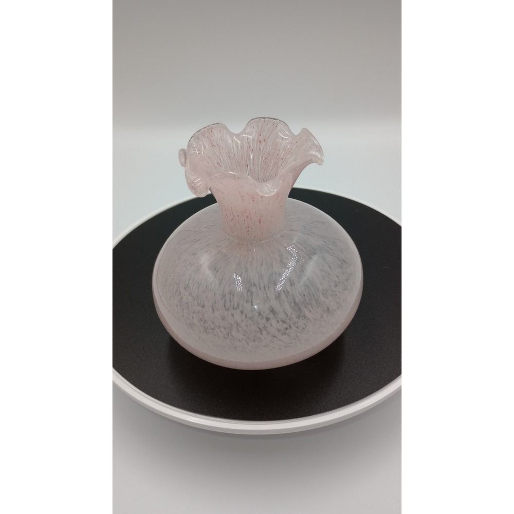 VINTAGE SPECKLED PINK ART GLASS VASE Handblown Mid Century Modern Ruffle *READ*